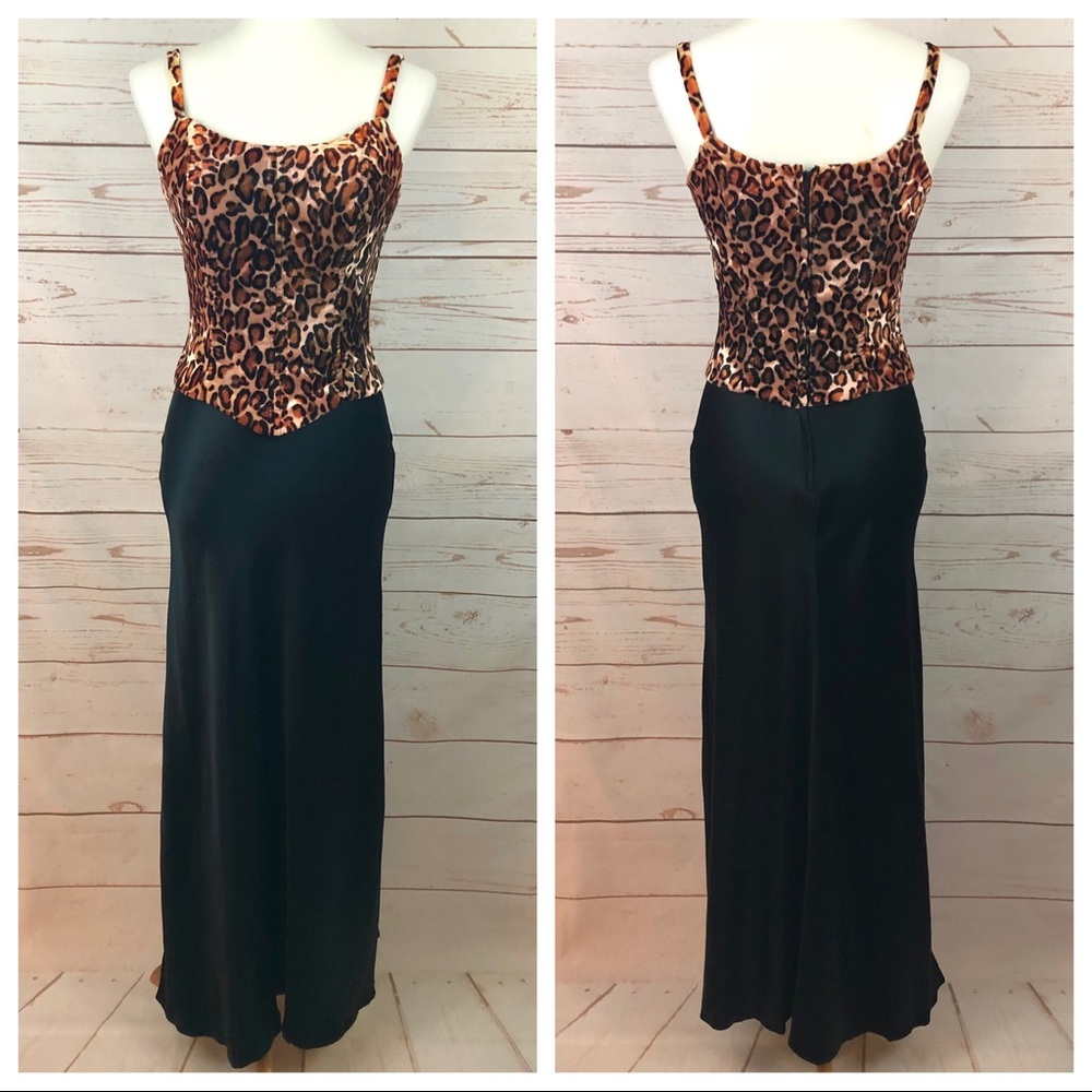 Vintage Y2K 90’s Gunne Sax Velvet Cheetah Leopard Corset Maxi Dress